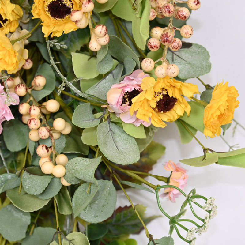 Primrue Faux Spring Summer Eucalyptus Berry Daisy Front Door Swag